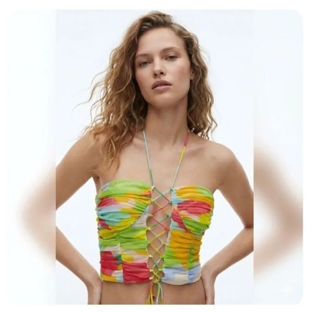 Zara Multi Corset Lace Up Crop Top NEW Size Large Y2K Festival